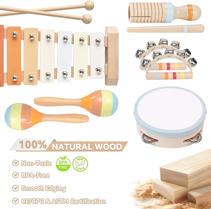 Baby Musical Instruments-Wooden Montessori Musical Toys for Toddlers 1-3, INLAIER Neutral Colors Xylophone Tambourine Musical Instruments for Toddlers 1-3 4 5 Kids Preschool Educational Gifts
