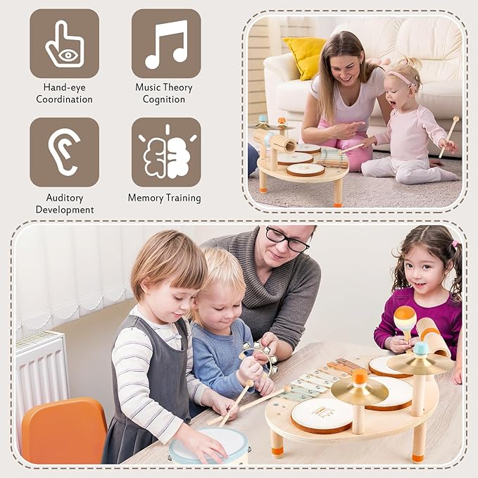 Drum Set for Toddler - Toys for 2 3 4 Year Old Girls Boy Gifts - 9 in 1 Wooden Montessori Musical Instruments with Xylophone for Kids 3-5, Christmas Birthday Gifts for Toddlers 2-4