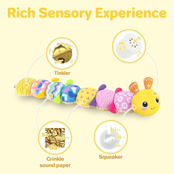 KMUYSL Baby Toys 0-12 Months, Musical Animal Stuffed Toy with Crinkle, Rattles & Lullaby, Plush Toy for Infant Newborn, Yellow Fabric Cotton