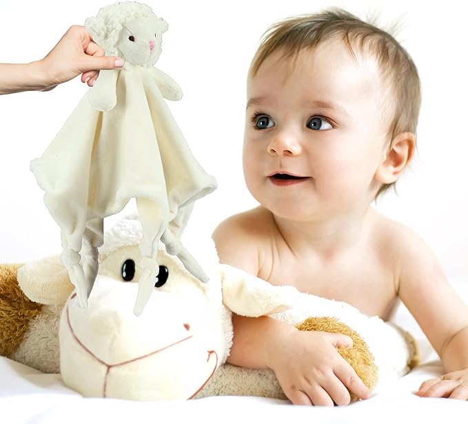 CREVENT Cozy Plush Baby Security Blanket Loveys for Baby Girls Boys, Minky Front and Back with Animal Face (Ivory Sheep)