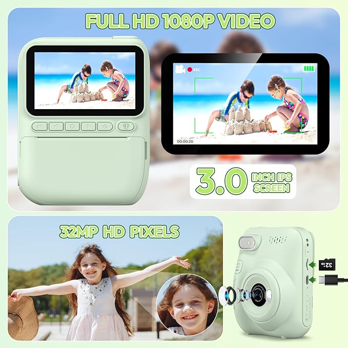 Kids Camera Instant Print | Birthday Graduation Gifts for Kids Age 3 4 5 6 7 8 9 | Toddler Portable Travel Print Digital Camera Outdoor Toy for 3-12 Boys Girls (Green)