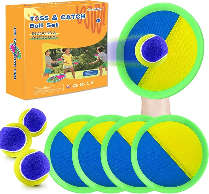 Outdoor Games - Beach Toys, Toss and Ball Set with 4 Paddles and 3 Balls, Perfect Yard Games Sets, Playground Sets for Backyards Easter Birthday for Kids/Adults/Family