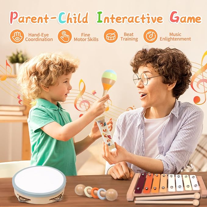 Toddler Musical Instruments Sets, Montessori Wooden Percussion Educational Baby Musical Toys Xylophone Maracas Tambourine for 2 3 4 Year Old Girls Boys Christmas Stocking Suffers Gifts for Kids