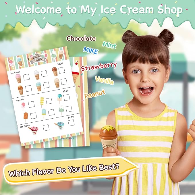 Wooden Ice Cream Toys for Kids Pretend Play Kitchen Food Toys with Scoop & Menu & Fake Money, Ice Cream Counter Shop Playset for 3 4 5 6 Year Old Girls Boys Birthday Gifts