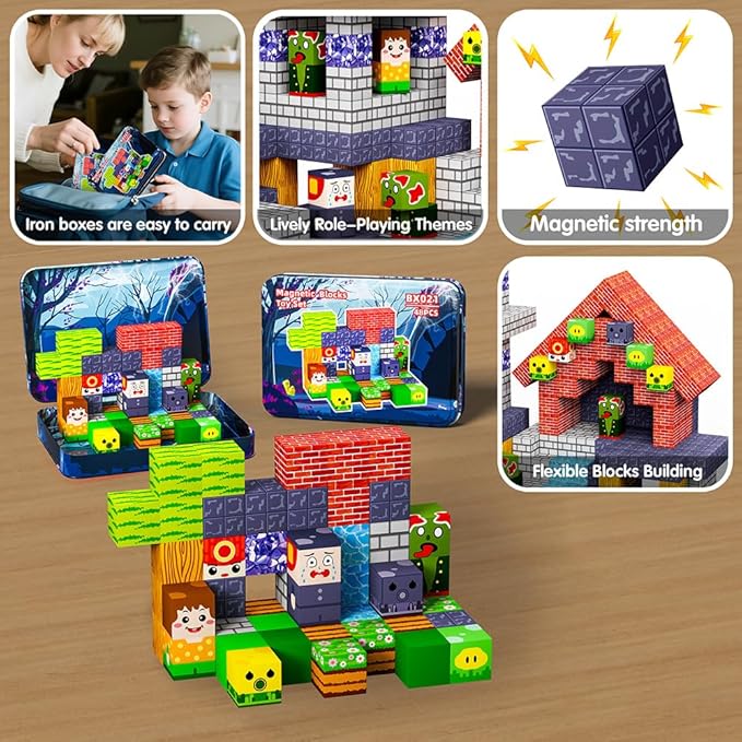 Magnetic Building Blocks, 48 Piece Set with Portable Iron Box, Kids Sensory Toys for STEM Learning, Children's Travel Magnetic Toys, Best Gifts for Boys and Girls' Birthdays and Christmas