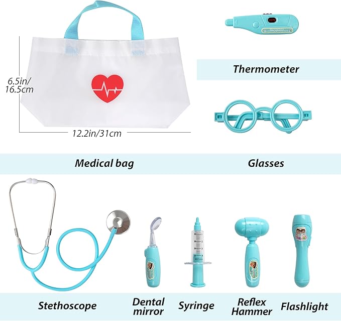 Kids Doctor Kit, 8 Pieces Toddlers Doctor Playset with Medical Storage Bag & Real Stethoscope, Pretend Play Doctor Toys Christmas Birthday Gift for Boys Girls Aged 3 4 5 6 (Blue)