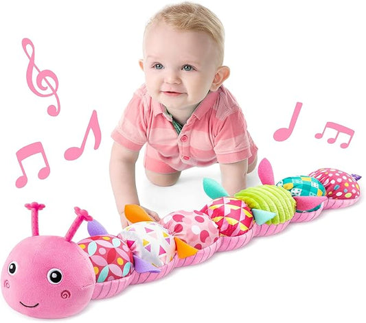 LIGHTDESIRE Baby Toys Musical Caterpillar,Infant Stuffed Animal Toy with Crinkle and Rattles,Soft Sensory Toys with Textures for Tummy Time Newborn Boys Girls 0 3 6 12 Months(Pink)