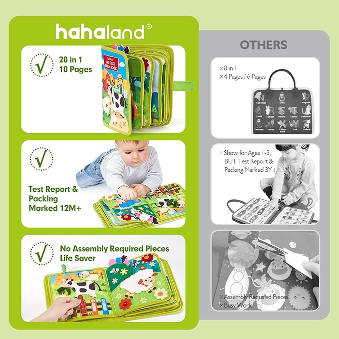 hahaland Busy Book for Toddlers 1-3 - Montessori Toys Busy Board for 1 Year Old Boy Gifts Girl Toys Educational Learning Quiet Activity Books Travel Toy One Year Old Birthday Christmas Toddler Gifts
