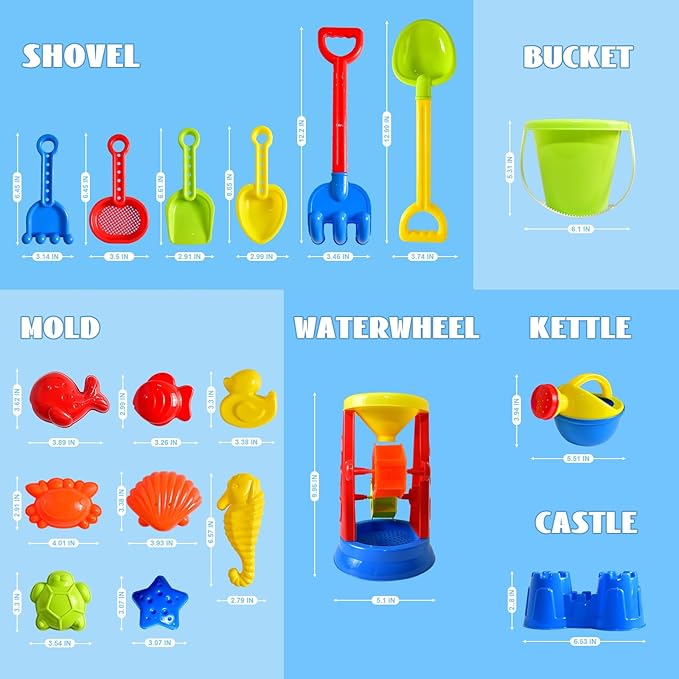 Beach Toys, 19 Piece Sand Toys Set Kids Sandbox Toys Includes Water Wheel Beach Tool Kit Bucket Watering Can Molds with Mesh Bag for Kids Ages 3-13