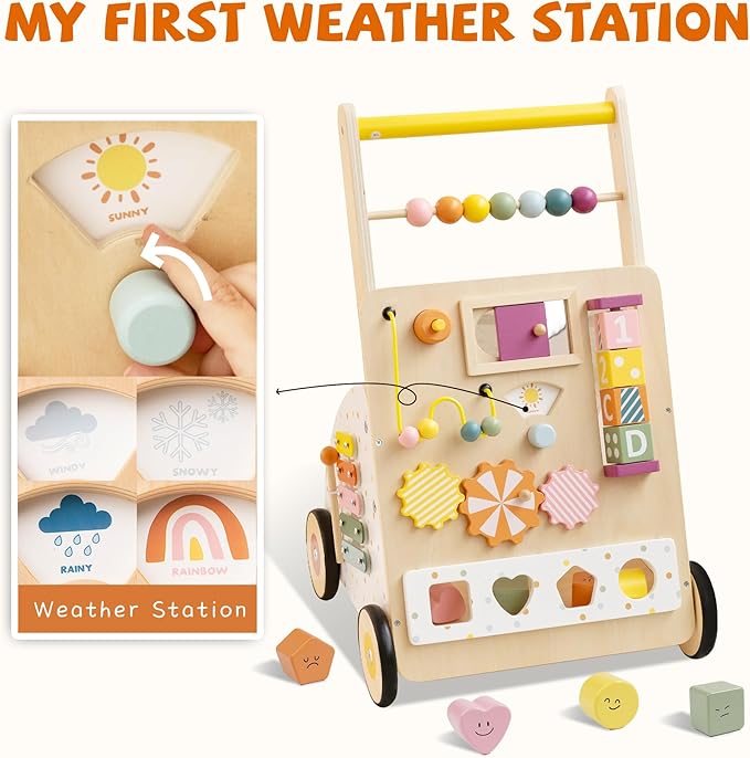Wooden Baby Walker with Activity Center – Montessori Push Walker Toys for Boys & Girls 18 Months+ – Educational Toddler Learning Walker with 10-in-1 Sensory Games