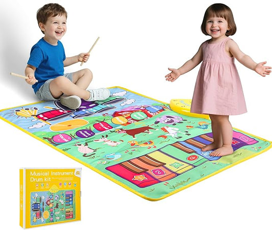 Musical Farm Animals Sounds Piano Mat for Kids, Sensory Educational Learning Toy with Drumset for Toddlers, Interactive Floor Touch Play Mat Dancing Keyboard Carpet for 1-5 Year Old Boy Girl Gifts