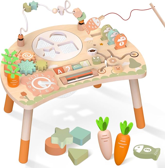 Activity Table for 1+ Year Old, 9-in-1 Wooden Montessori Toy Activity Center with Shape Sorter Fishing Game Bead Maze, Baby Play Table Sensory Educational Toys for Toddler