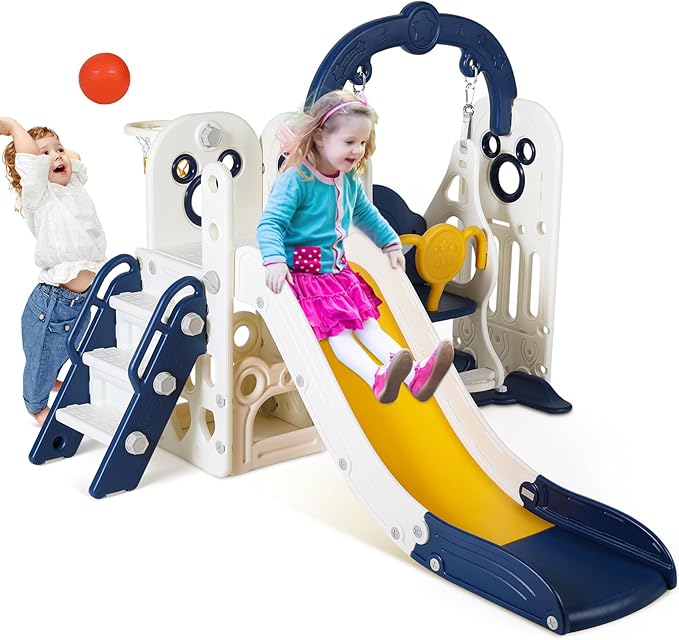 Arlopu 7 in 1 Toddler Slide and Swing Set, Kids Climber Playset with Ball & Hoop, Telescope, Suction Cup Reinforced Base, Baby Indoor Outdoor Playground (Dark Blue)