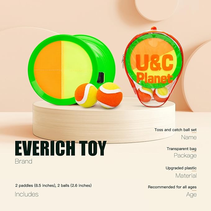 EVERICH Upgraded Toss and Catch Ball Game Set - Indoor and Outdoor Games for Kids 3-12, Beach Sand Pool Water Toy Includes 2 Paddles 2 Sticky Balls, Great Birthday Easter Gifts for Boys Girls