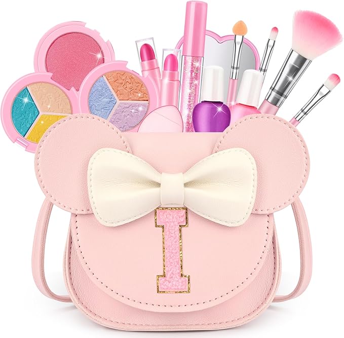 Kids Makeup Kit for Girls - 15 Pcs Real Washable Make Up Set - Non Toxic Toddlers Cosmetic with Letter Mouse Ear Purse - Dress up Birthday Gifts for 3 4 5 6 7 8 Years Old Girls - I