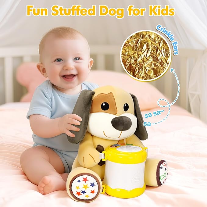 V-Opitos Stuffed Dog Musical Toys for Baby 6-12 Months+, Early Learning Light up Music Drum, Perfect Christmas Birthday Gifts for Boy & Girl Age 1, 2 Years Old