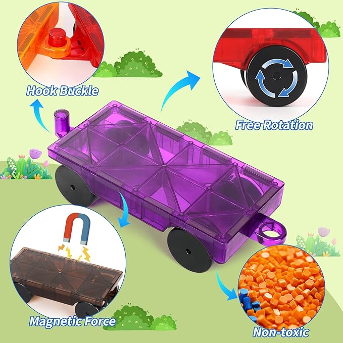 Magnetic Tiles Cars Construction Set - 4 PCS Magnetic Tiles Magnet Bricks Truck Sensory Toys, Educational Magnet Cars Set Building Blocks for 3 4 5 6 7 8+ Year Old Girls Boys
