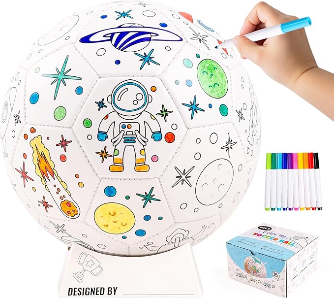 EVERICH Paint Your Own Soccer Ball with Markers, Toddler Arts and Crafts Soccer Gifts, Kids Soccer Ball Size 3 Astronaut Toys for Boys Girls, Sports Drawing DIY Design Color Play Ball Games with Pump