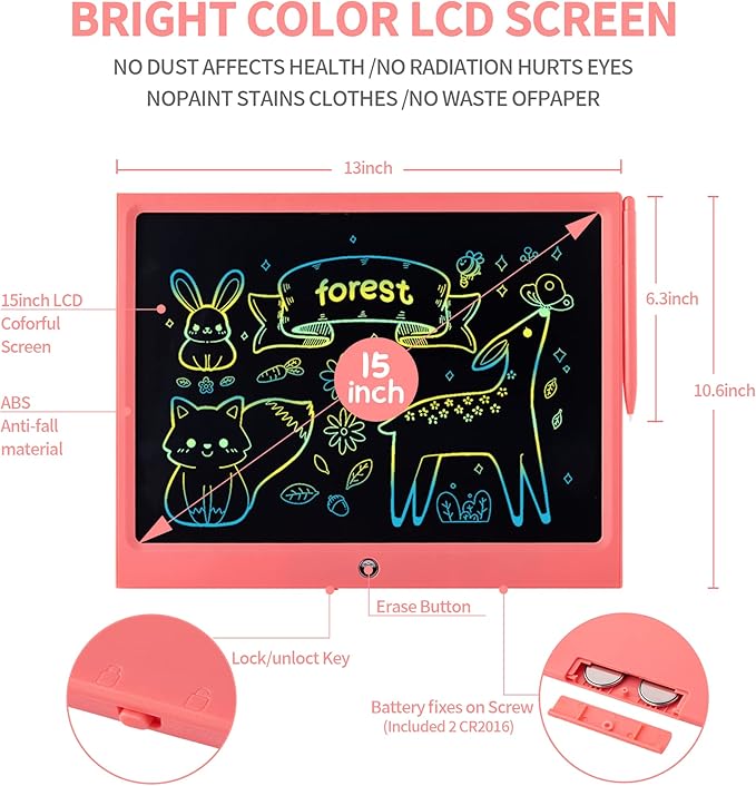 LCD Writing Tablet for Kids, 15 Inch Colorful Electronic Doodle Board for Kids Age 3+ Toys Christmas Birthday Erasable Drawing Tablet Toddler Learning Toys