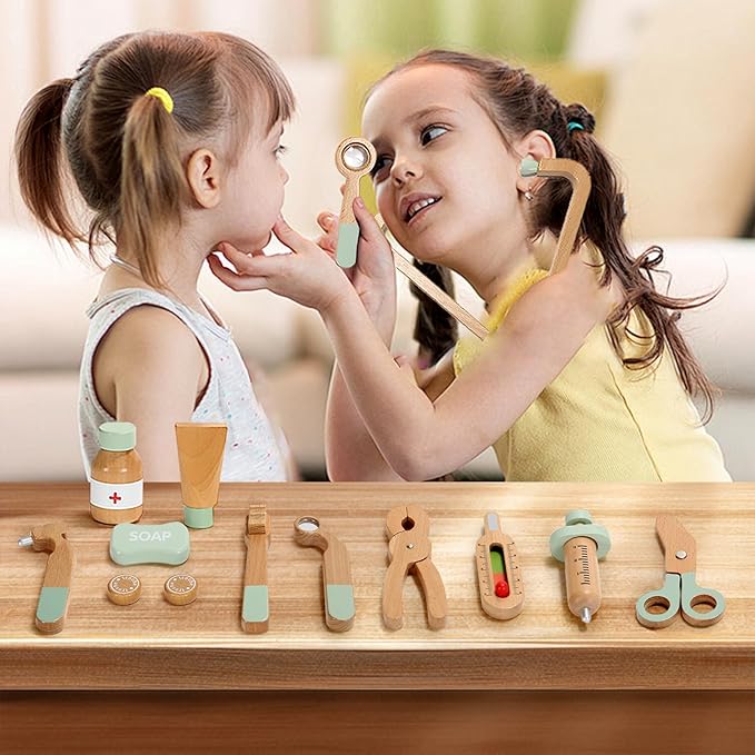 Wooden Doctor Kit for Kids, 19Pcs Pretend Play Dentist Toddlers Doctor Medical Toy Set with Stethoscope Syringe Thermometer Tooth Model and Carry Bag Montessori Role Play Gift for Boys Girls Ages 3+
