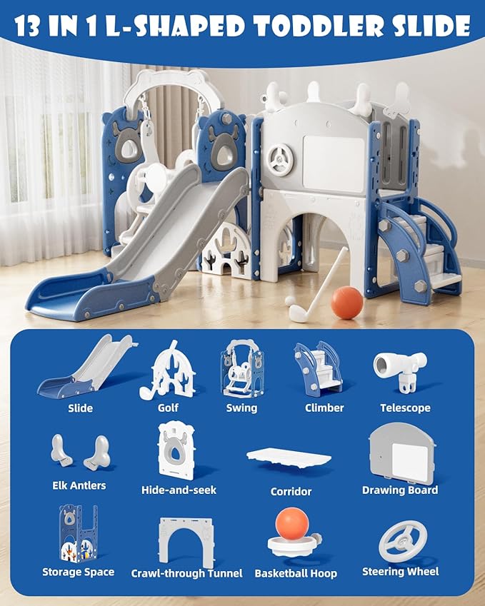 YUFU 13 in 1 Toddler Slide and Swing Set, Kids Slide for Toddlers Age 1-3, Toddler Playset with Golf Set, Basketball Hoop and Drawing Board, Outdoor Indoor Playground (Blue)