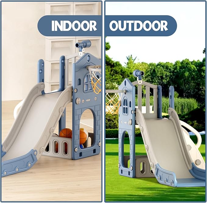 XJD 5 in 1 Toddler Slide, Kids Slide for Toddlers Age 1-3, Outdoor Indoor Playset for Toddlers with Basketball Hoop and Ball, Storage Space Christmas Birthday Gifts for Toddler (Blue)