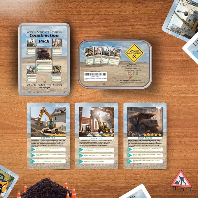 Construction Vehicle Trivia Flash Cards for Kids Ages 3+ | Educational Learning Cards with Trucks & Machines, STEM Fact Cards in Metal Tin, Screen-Free Travel Toy