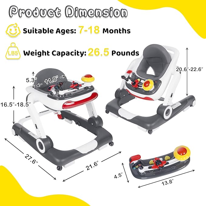 6 in 1 Baby Walker, Baby Activity Center for Toddler, Walker Rocker Bouncer w/Adjustable Height Speed, Learning-Seated & Walk-Behind, Infant Walker w/Feeding Tray & Music Toys, Grey
