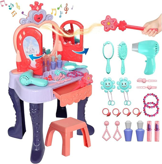 Toddler Vanity Makeup Table with Mirror and Chair, Open Doors by Gestures, Kids Vanity Set with Lights and Music with Makeup Accessories & Hair Dryer, Girls Vanity for Toddlers 3 4 5 Years Old