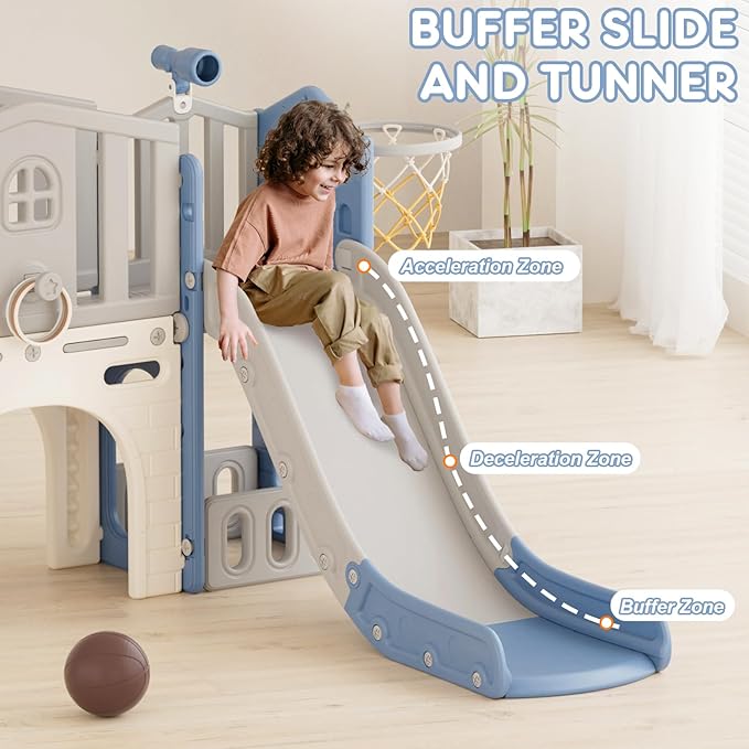 KORIMEFA 7-in-1 Toddler Slide & Climber Playset with Basketball Hoop, Ring Toss, Telescope Indoor/Outdoor Activity Center for Kids 1-3 Years Blue