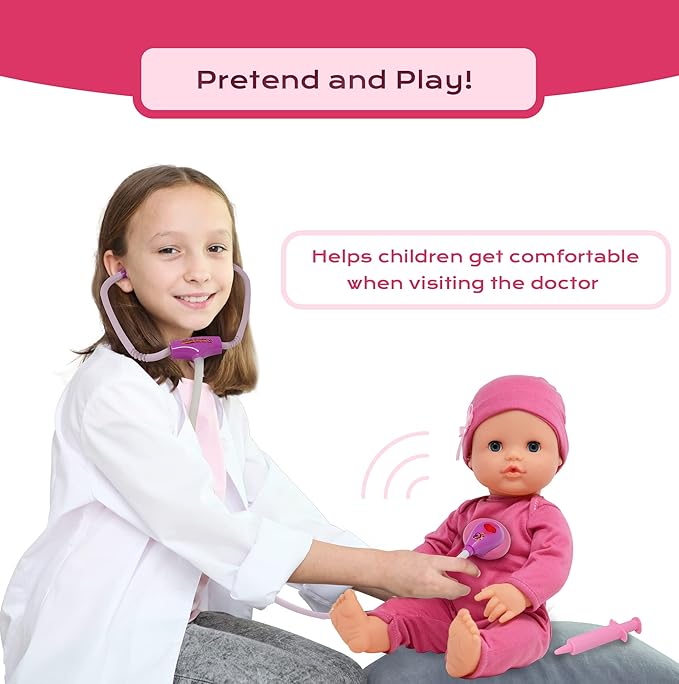 Interactive 16” Baby Doll Toy Doctor Kit with Light Up Heartbeat Sound Stethoscope, Pretend Role Play Accessories Set - Medical Checkup Playset Gift Pack for Kids, Girl Toddler – Pink, (16 Inch)