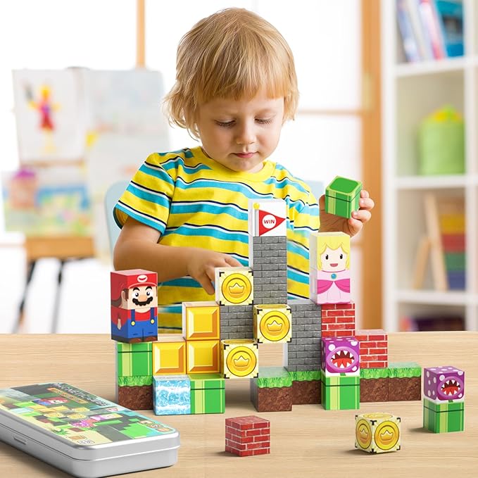 Magnetic Blocks Travel Toys, 35PCS Magnetic Tiles for Kids Ages 3-8, Portable STEM Building Cubes with Metal Storage Box, Toddler Learning Toys for Ages 3+