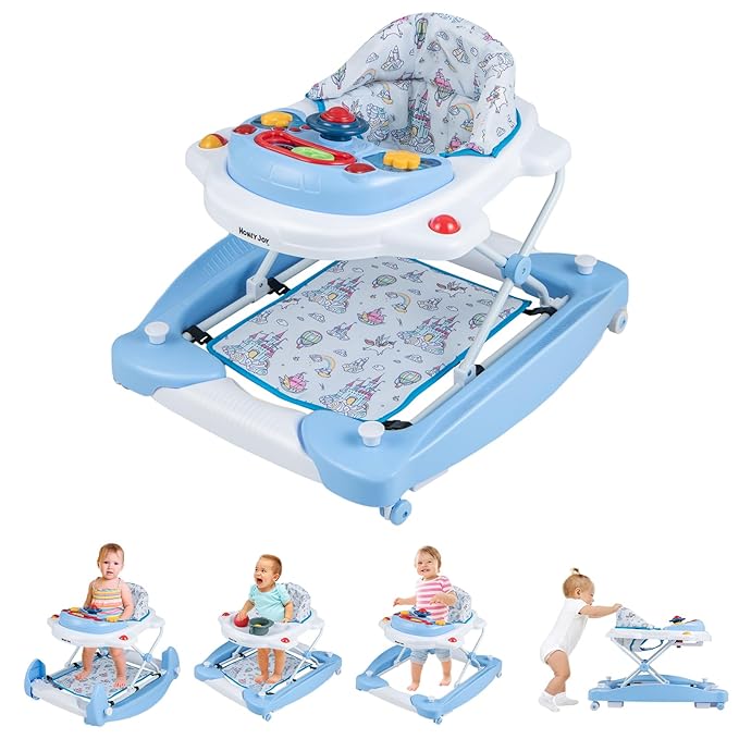 HONEY JOY Baby Walker, 6-in-1 Foldable Baby Walker and Bouncer Combo, Infant Activity Walker with Wheels, Adjustable Heights, Rocker, Music, Lights, Walker for Baby Boy Girl 7-14 Months (Blue)