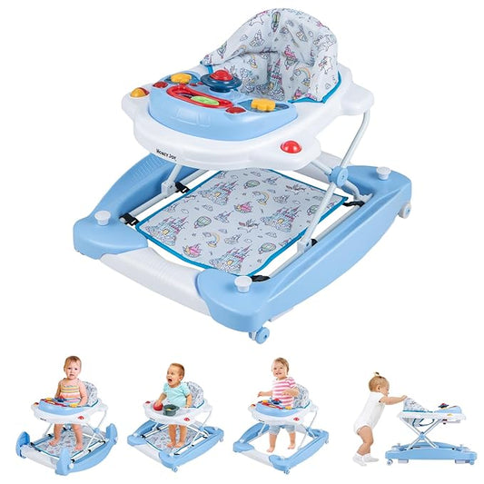 HONEY JOY Baby Walker, 6-in-1 Foldable Baby Walker and Bouncer Combo, Infant Activity Walker with Wheels, Adjustable Heights, Rocker, Music, Lights, Walker for Baby Boy Girl 7-14 Months (Blue)