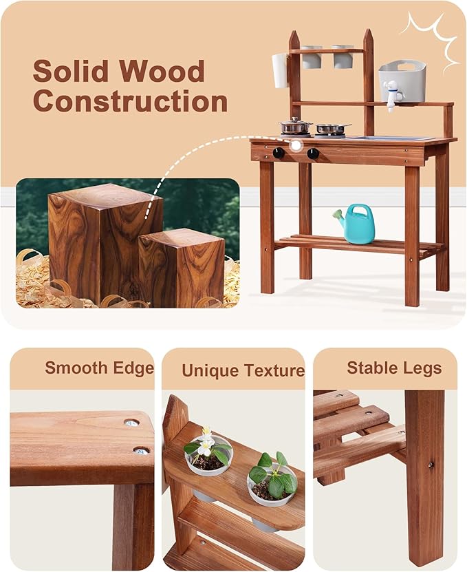 ROBUD Mud Kitchen for Kids Outdoor, Wooden Outdoor Play Kitchen, Kids Mud Kitchen with Removable Sink & Faucet, Monteeori Toys for Children Ages 3+ Years, WG404
