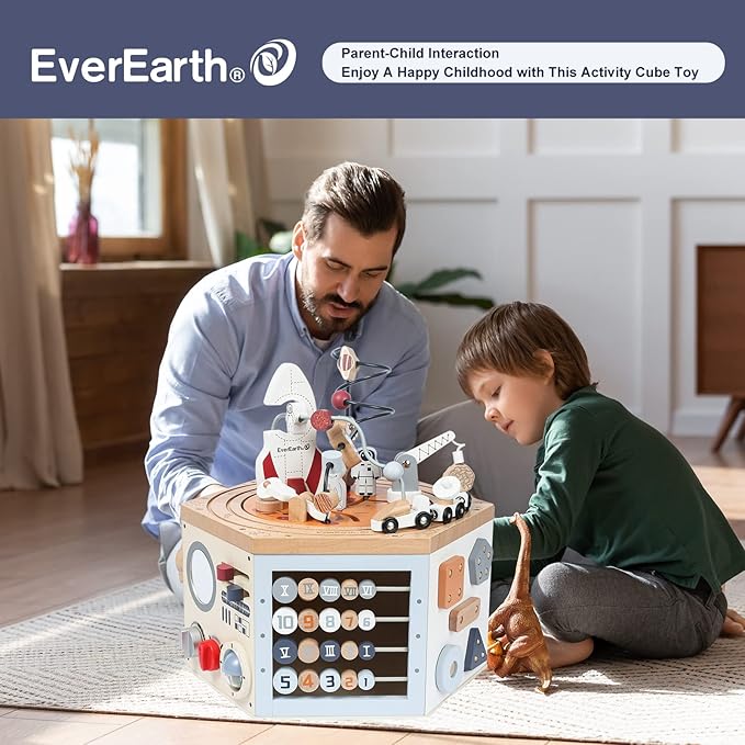 Wooden Activity Cube with Bead Maze, Space Activity Cube for Toddlers 1-3 Girls Boys Multi Play Educational Learning Montessori Cube Toddler Toy Wood Shape Color Sorter - FSC Certified