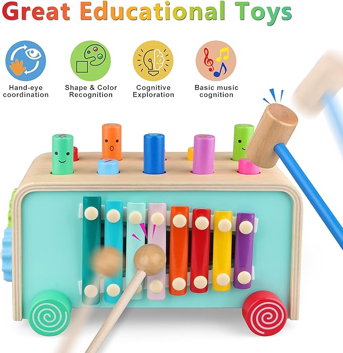 Montessori Baby Hammer Pounding Toy for Toddlers Boys Girls 2 3 4 Years Old, Educational Learning Toy Xylophone Color Shape for Toddler 2-4 Halloween Christmas Birthday Gift Toy