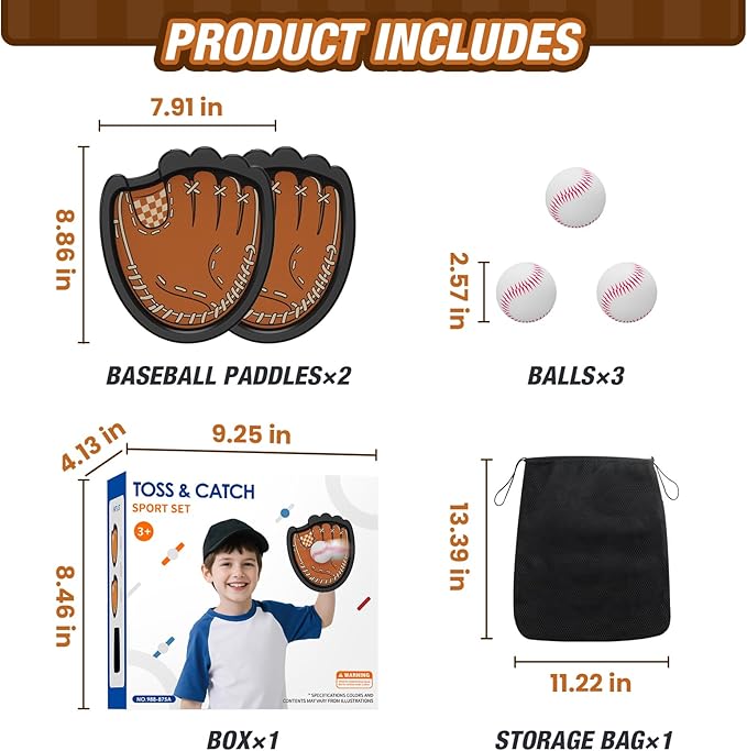 Toss and Catch Ball Set, Outdoor Games for Kids, Beach Yard Camping Toys for Adult & Family, Kids Baseball Glove for 3 4 5 6 7 8+ Year Old Boys & Girls (2 Paddles & 3 Balls)