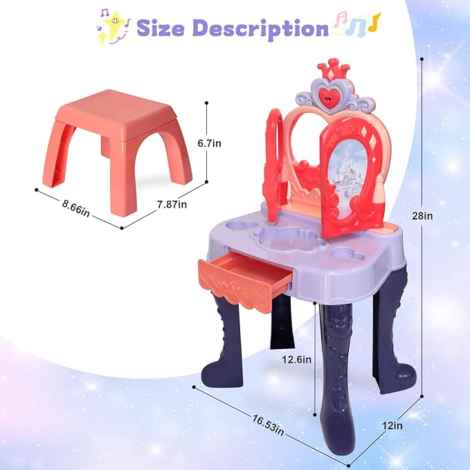 Toddler Vanity Makeup Table with Mirror and Chair, Open Doors by Gestures, Kids Vanity Set with Lights and Music with Makeup Accessories & Hair Dryer, Girls Vanity for Toddlers 3 4 5 Years Old
