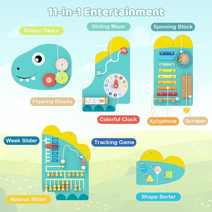 GLACER Dinosaur Wall Busy Board Panels, 11-in-1 Wooden Learning Activity Center for Early Education, Wall-Mounted Montessori Sensory Toddler Toys for Playroom, Daycare, Nursery (Green)