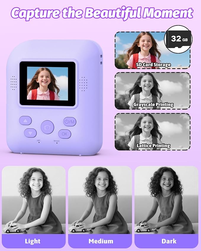 Kids Camera Instant Print Photo, Portable Thermal Printing Camera Toy with HD Digital Video, for 3-12 Years Old Boys Girls, Creativity & Learning (Purple)