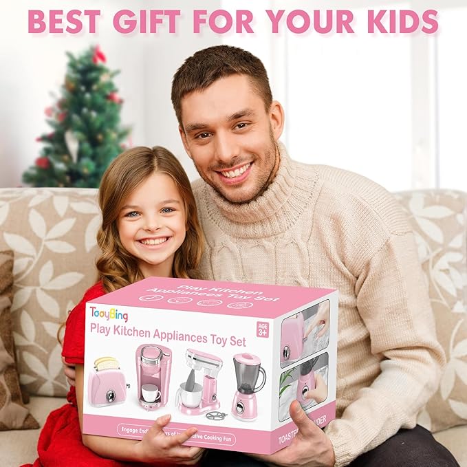 Pink Play Kitchen Appliances Toy Set with Coffee Maker Machine, Mixer, Toaster, Blender, Kids Kitchen Playset, Play Kitchen Accessories with Sound & Light, Birthday Gifts for Kid Girls Ages 3-5 4-8