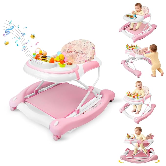 5 in 1 Baby Walker, Music and Lights Walker for Baby Boy Girls 6-12 Months, Foldable Baby Walkers with Wheels and Bouncer Combo Portable, Toddler Infant Walker with Adjustable Height
