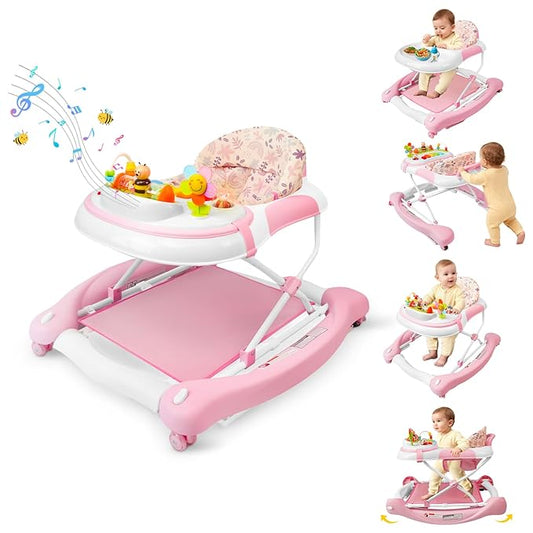 5 in 1 Baby Walker, Music and Lights Walker for Baby Boy Girls 6-12 Months, Foldable Baby Walkers with Wheels and Bouncer Combo Portable, Toddler Infant Walker with Adjustable Height