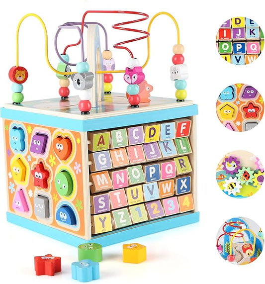 Qilay Wooden Activity Cube for Toddlers (Large), 5 in 1 Multipurpose ABC-123 Abacus Bead Maze Shape Sorter | Early Educational Toy for Toddlers - First Birthday Present for Boys Girls