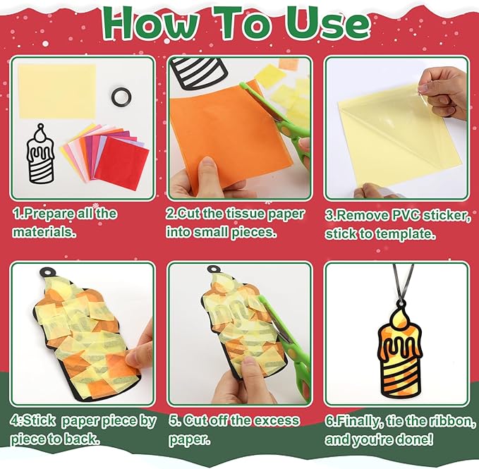 Qyeahkj 36 Set Christmas Xmas Candle Suncatchers Crafts Kit DIY Window Tissue Paper Craft Kits Stained Glass Effect Winter Holiday Hanging Ornaments for School Classroom Home Activity Art Favor Gift