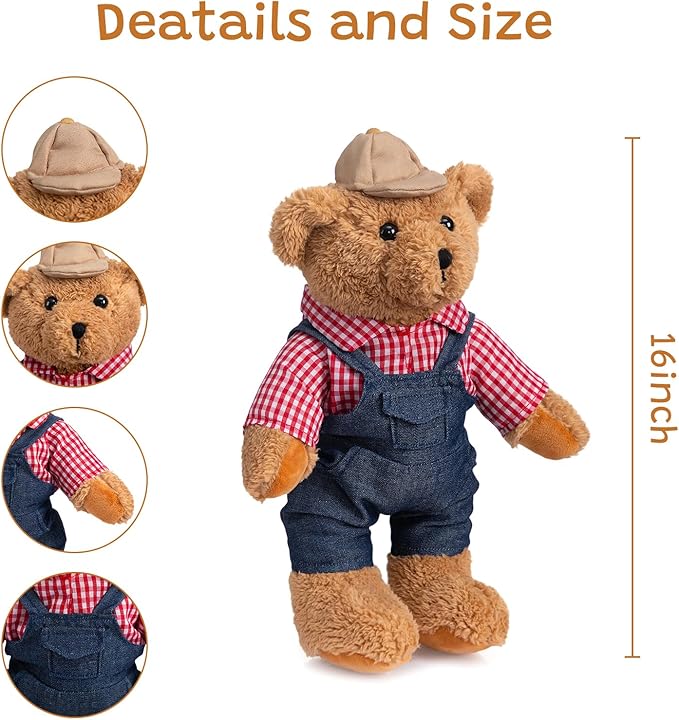 HollyHOME Farmer Stuffed Animal Teddy Bear Soft Plush Toy with Farmer Uniform Unique Toy Gifts for Kids and Farmers Holiday Birthday Valentine 16 inches
