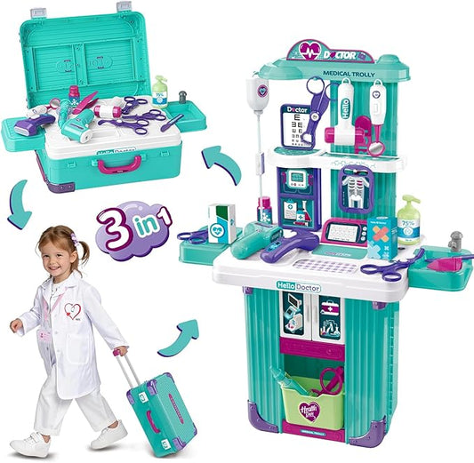 Gifts2U Doctor Kit for Toddlers 3-5, 3 in 1 Kids Doctors Cart Plays Set with Costume,Stethoscope, Thermometer, Medical Pretend Play Toys for Girls Boys
