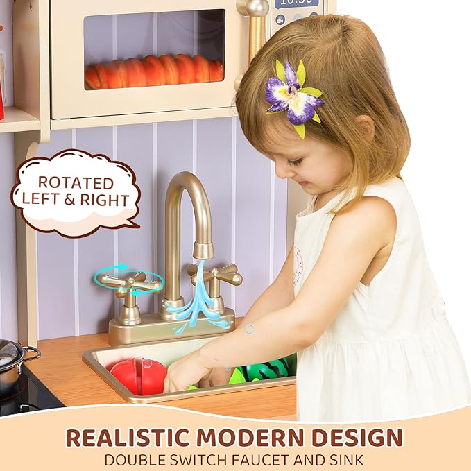 Wooden Play Kitchen for Kids, Toddler Vintage Kitchen Toy Set w/Pretend Phone, Ice Maker, Towel Rack, Height Adjustable Realistic Playset Chef w/Light & Sound (Beige)