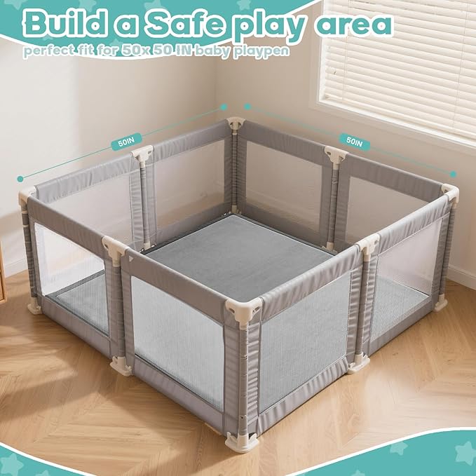 Baby Play Mat for Floor, 50'' x 50'' Thicken Foam Soft Padded Playmat for Tummy Time, Playpen Mat for Toddlers, Water-Repellent Coral Velvet, Non-slip Bottom Safe for Crawling (Dark Grey)